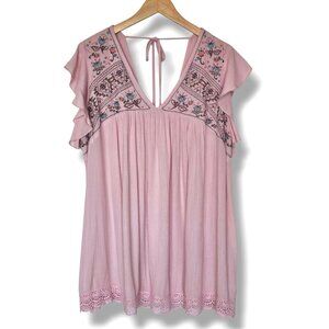 Kelly Renee Tunic Top 1X Embroidered Boho Ruffle Sleeve Daylily Pink Crochet Hem